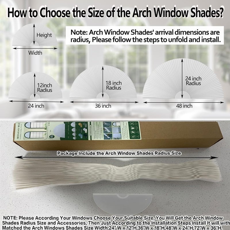 Jlong Small Arch Window Shade Blackout Half Circle Moon Pleated No Drill Blinds for Windows Semicircular Cellular Shades Half Round Window Covering Easy Install (1, White, WxH: 24"x12"（Radius: 12"）) - Image 3